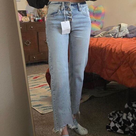 Women's Kancan High Rise Slim Straight Raw Hem Button Denim Jeans 0 NEW - Picture 2 of 8